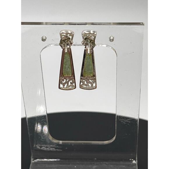 SU Sterling Silver Filigree Chinese Rectangular Jadeite Dangle Drop Earrings - Picture 2 of 8